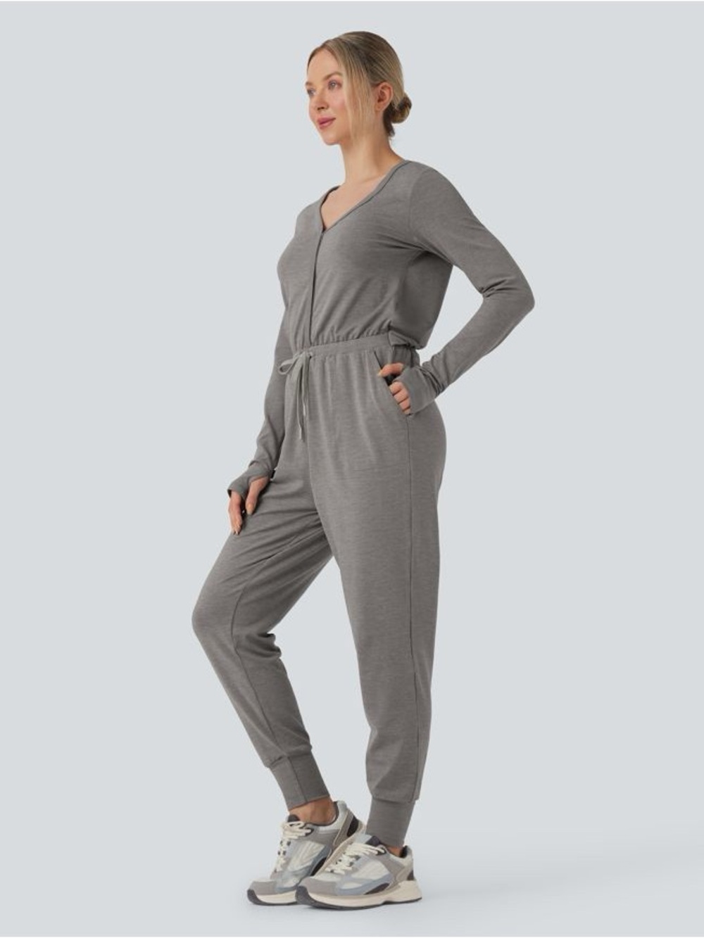 Halara Easy Peezy V Neck Long Sleeve Thumb Hole Drawstring Jumpsuit NWT $60